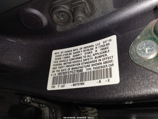 2015 Honda Civic Lx მანქანა იყიდება აუქციონზე, vin: 19XFB2F57FE279580, აუქციონის ნომერი: 45790769