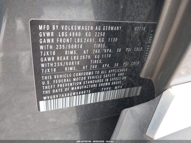 2016 Volkswagen Tiguan Se მანქანა იყიდება აუქციონზე, vin: WVGBV7AX8GW586075, აუქციონის ნომერი: 45790786