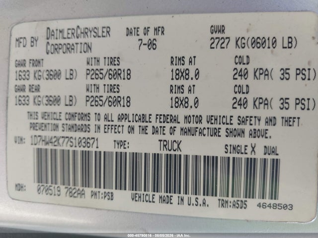 45790816 :رقم المزاد ، 1D7HW42K77S103671 vin ، 2007 Dodge Dakota Slt مزاد بيع