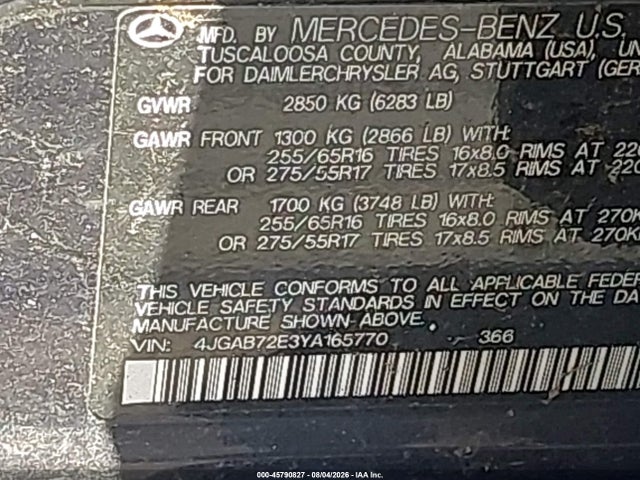 Aukcja sprzedaży 2000 Mercedes-benz Ml 430, vin: 4JGAB72E3YA165770, numer aukcji: 45790827