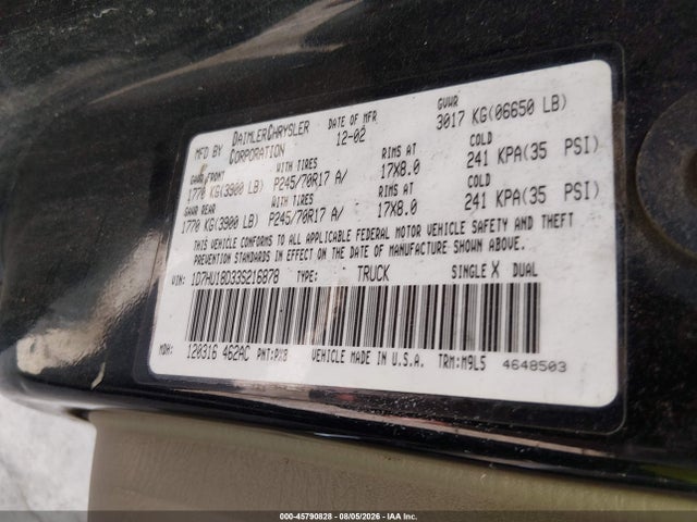 45790828 :رقم المزاد ، 1D7HU18D33S216878 vin ، 2003 Dodge Ram 1500 Slt/laramie/st مزاد بيع