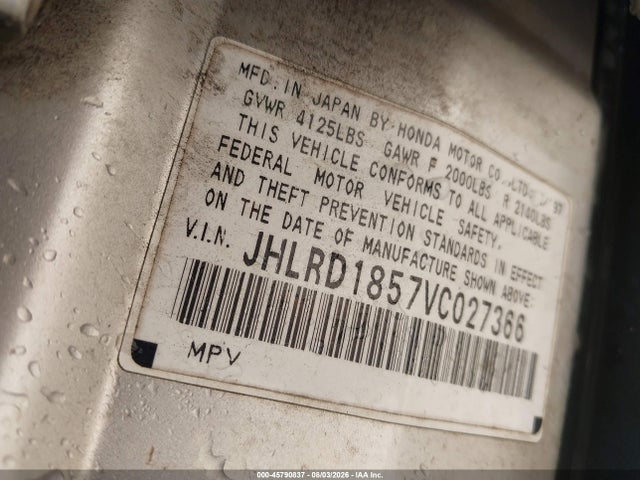 45790837 :رقم المزاد ، JHLRD1857VC027366 vin ، 1997 Honda Cr-v مزاد بيع