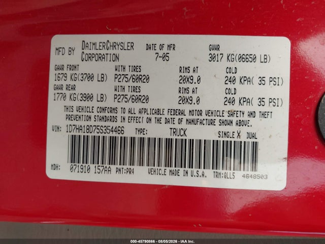 45790866 :رقم المزاد ، 1D7HA18D75S354466 vin ، 2005 Dodge Ram 1500 Slt/laramie مزاد بيع