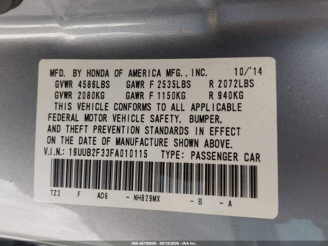 2015 Acura Tlx V6 მანქანა იყიდება აუქციონზე, vin: 19UUB2F33FA010115, აუქციონის ნომერი: 45790888