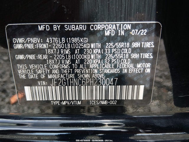 45790889 :رقم المزاد ، JF2GTHNC6PH230047 vin ، 2023 Subaru Crosstrek Limited مزاد بيع