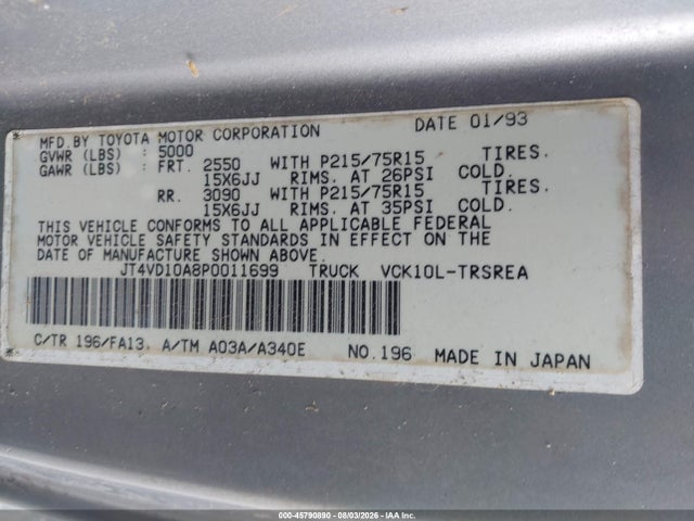 Продажа на аукционе авто 1993 Toyota T100, vin: JT4VD10A8P0011699, номер лота: 45790890