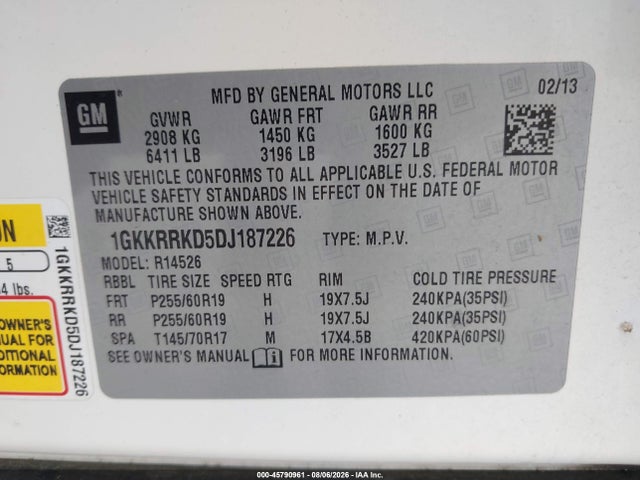 Aukcja sprzedaży 2013 Gmc Acadia Slt-1, vin: 1GKKRRKD5DJ187226, numer aukcji: 45790961