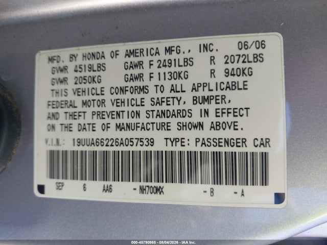 45790965 :رقم المزاد ، 19UUA66226A057539 vin ، 2006 Acura Tl مزاد بيع