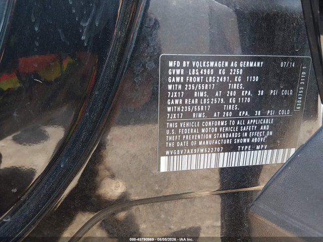 2015 Volkswagen Tiguan Se მანქანა იყიდება აუქციონზე, vin: WVGBV7AX9FW522707, აუქციონის ნომერი: 45790969