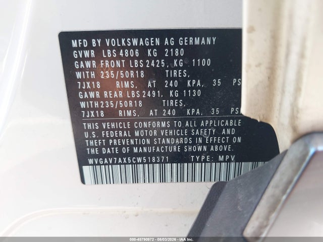 Продажа на аукционе авто 2012 Volkswagen Tiguan Se, vin: WVGAV7AX5CW518371, номер лота: 45790972