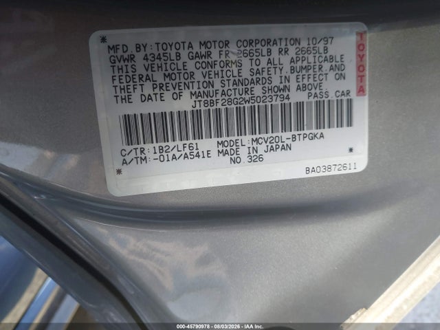 45790978 :رقم المزاد ، JT8BF28G2W5023794 vin ، 1998 Lexus Es 300 مزاد بيع