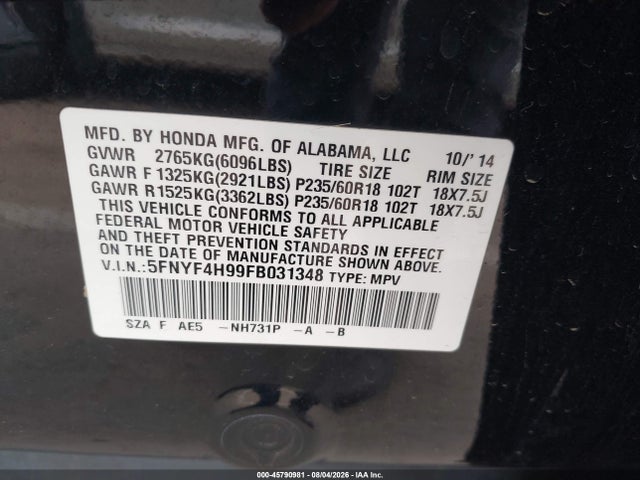 Honda Pilot Touring 2015 5FNYF4H99FB031348 Image 9