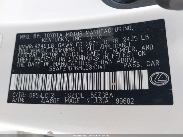 45791003 :رقم المزاد ، 58AFZ1B16MU084341 vin ، 2021 Lexus Es 350 Ultra Luxury مزاد بيع