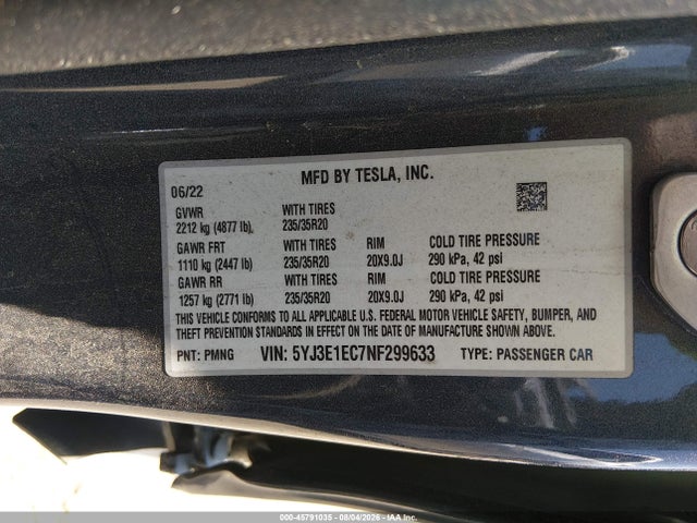 Продаж на аукціоні авто 2022 Tesla Model 3 Performance Dual Motor All-wheel Drive, vin: 5YJ3E1EC7NF299633, номер лоту: 45791035