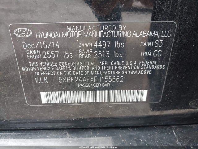 2015 Hyundai Sonata Se მანქანა იყიდება აუქციონზე, vin: 5NPE24AFXFH155662, აუქციონის ნომერი: 45791037