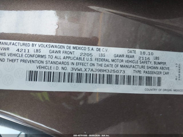 2011 Volkswagen Jetta 2.5l Sel მანქანა იყიდება აუქციონზე, vin: 3VWLX7AJ9BM325073, აუქციონის ნომერი: 45791050