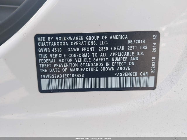 Продажа на аукционе авто 2014 Volkswagen Passat 1.8t Se, vin: 1VWBS7A31EC106433, номер лота: 45791053