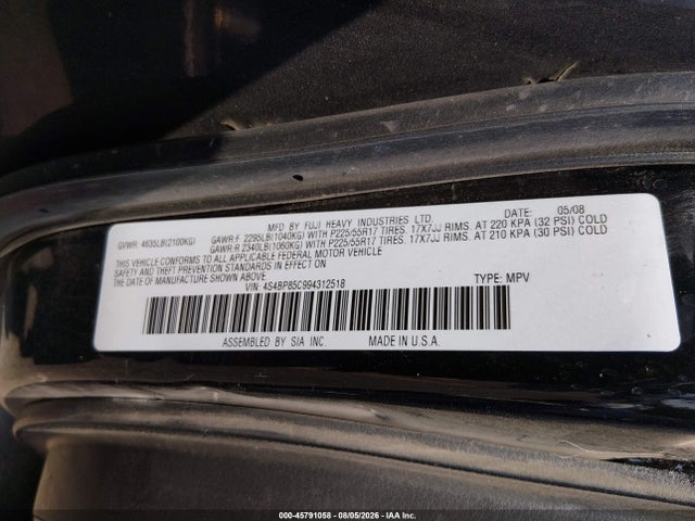 Продаж на аукціоні авто 2009 Subaru Outback 3.0r Limited, vin: 4S4BP85C994312518, номер лоту: 45791058
