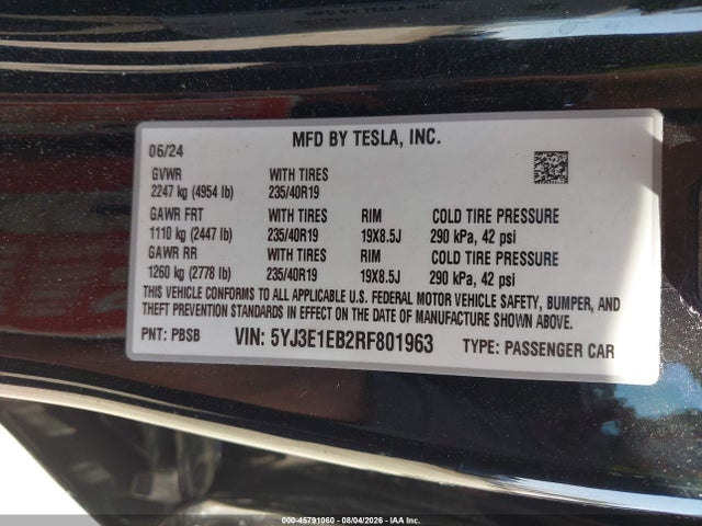 45791060 :رقم المزاد ، 5YJ3E1EB2RF801963 vin ، 2024 Tesla Model 3 Long Range Dual Motor All-wheel Drive مزاد بيع