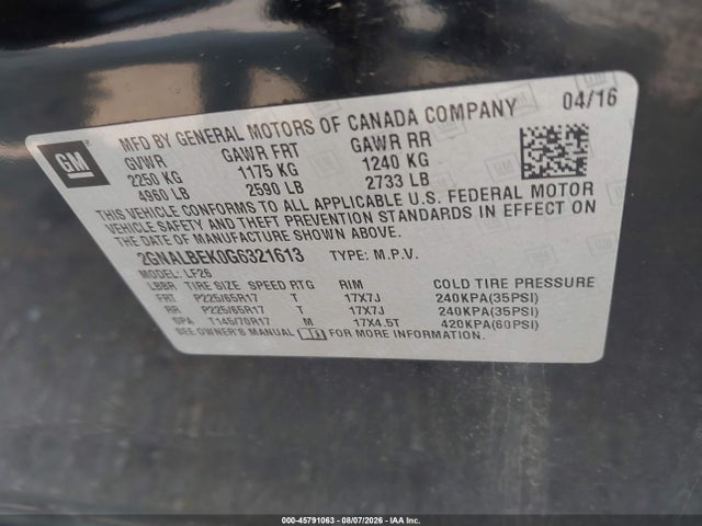 2016 Chevrolet Equinox Ls მანქანა იყიდება აუქციონზე, vin: 2GNALBEK0G6321613, აუქციონის ნომერი: 45791063