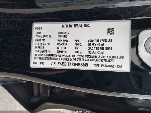 Продаж на аукціоні авто 2025 Tesla Model 3 Long Range Rear-wheel Drive/standard Rear-wheel Drive, vin: 5YJ3E1EA7SF983849, номер лоту: 45791065