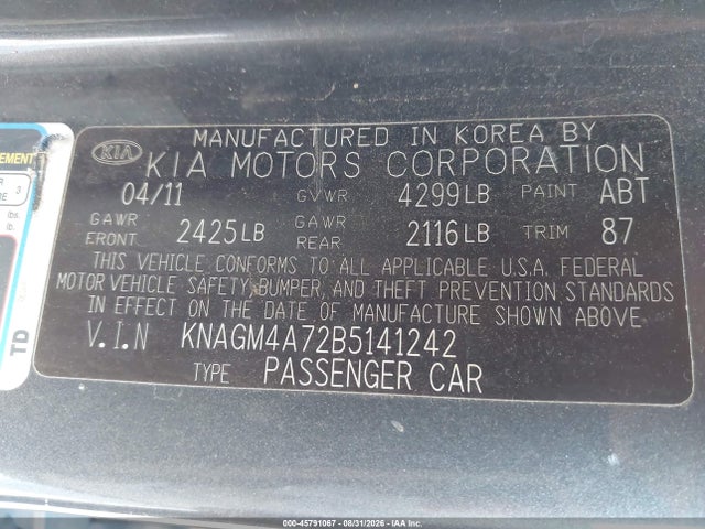 Aukcja sprzedaży 2011 Kia Optima Lx, vin: KNAGM4A72B5141242, numer aukcji: 45791067