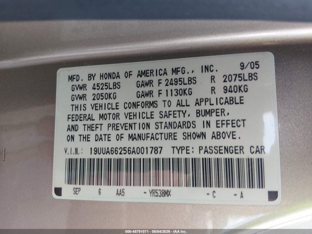 Aukcja sprzedaży 2006 Acura Tl, vin: 19UUA66256A001787, numer aukcji: 45791071
