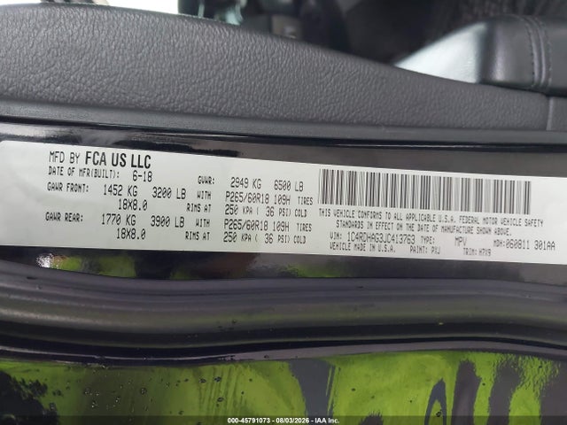 Продажа на аукционе авто 2018 Dodge Durango Sxt Rwd, vin: 1C4RDHAG3JC413763, номер лота: 45791073