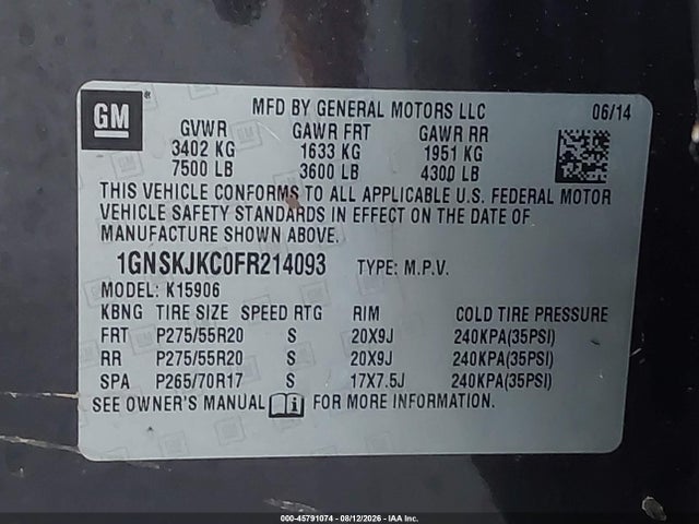 1GNSKJKC0FR214093 Chevrolet Suburban Lt