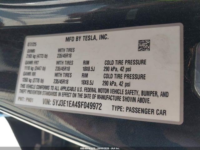 45791075 :رقم المزاد ، 5YJ3E1EA4SF049972 vin ، 2025 Tesla Model 3 Long Range Rear-wheel Drive/standard Rear-wheel Drive مزاد بيع