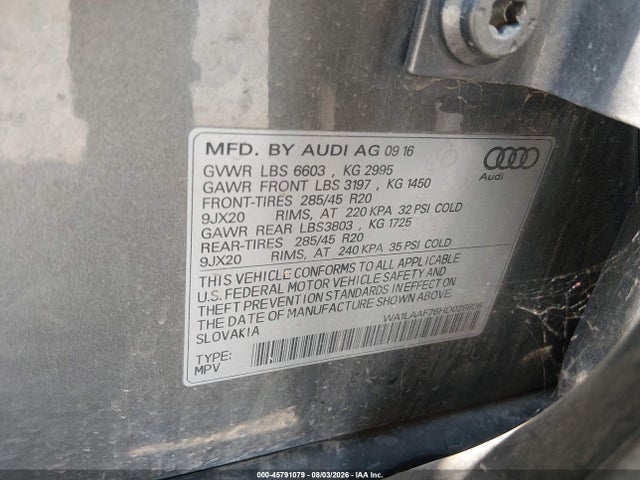 2017 Audi Q7 3.0t Premium მანქანა იყიდება აუქციონზე, vin: WA1LAAF76HD028808, აუქციონის ნომერი: 45791079