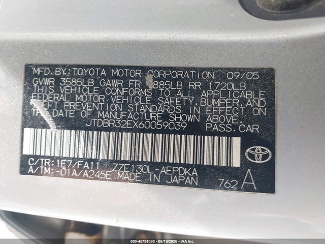45791092 :رقم المزاد ، JTDBR32EX60059039 vin ، 2006 Toyota Corolla Ce مزاد بيع