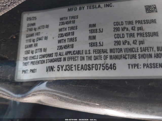 Aukcja sprzedaży 2025 Tesla Model 3 Long Range Rear-wheel Drive/standard Rear-wheel Drive, vin: 5YJ3E1EA0SF075646, numer aukcji: 45791095