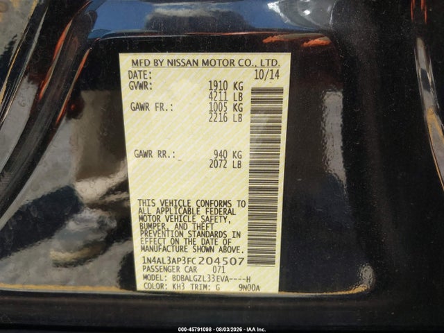 Nissan Altima 2.5 S 2015 1N4AL3AP3FC204507 Image 9