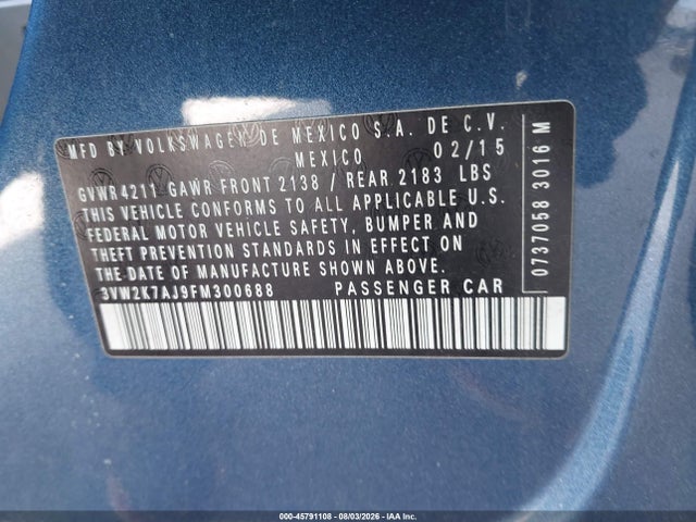 2015 Volkswagen Jetta 2.0l S მანქანა იყიდება აუქციონზე, vin: 3VW2K7AJ9FM300688, აუქციონის ნომერი: 45791108