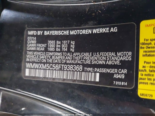 2015 Mini Hardtop Cooper მანქანა იყიდება აუქციონზე, vin: WMWXM5C56FT938368, აუქციონის ნომერი: 45791115