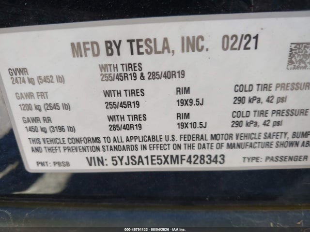 Продажа на аукционе авто 2021 Tesla Model S Long Range Dual Motor All-wheel Drive, vin: 5YJSA1E5XMF428343, номер лота: 45791122