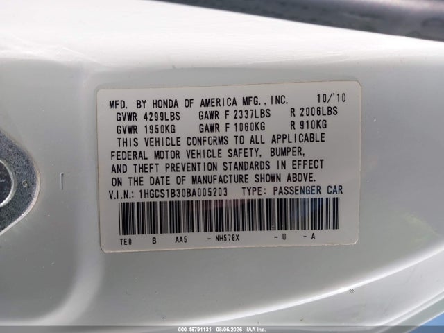 Aukcja sprzedaży 2011 Honda Accord 2.4 Lx-s, vin: 1HGCS1B30BA005203, numer aukcji: 45791131