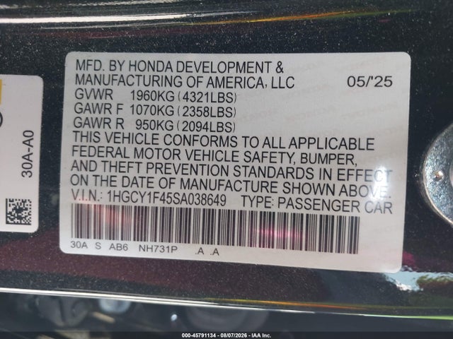 Aukcja sprzedaży 2025 Honda Accord Se, vin: 1HGCY1F45SA038649, numer aukcji: 45791134