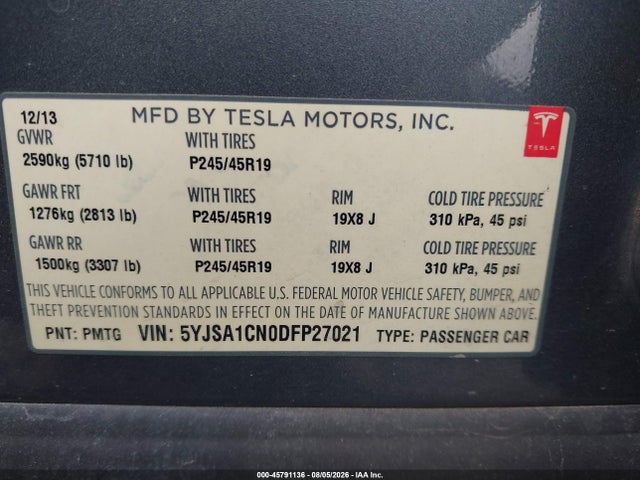 Aukcja sprzedaży 2013 Tesla Model S, vin: 5YJSA1CN0DFP27021, numer aukcji: 45791136