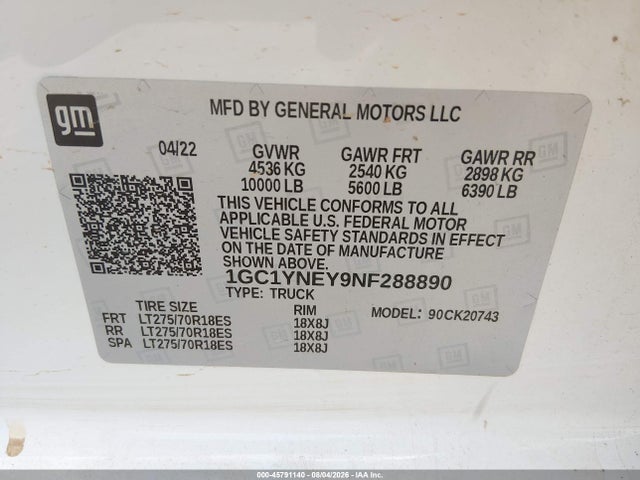 2022 Chevrolet Silverado 2500hd მანქანა იყიდება აუქციონზე, vin: 1GC1YNEY9NF288890, აუქციონის ნომერი: 45791140