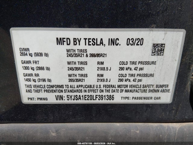 Продаж на аукціоні авто 2020 Tesla Model S Long Range Dual Motor All-wheel Drive/long Range Plus Dual Motor All-wheel Drive, vin: 5YJSA1E20LF391386, номер лоту: 45791158