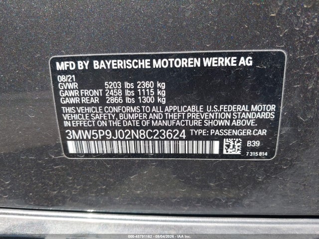 2022 Bmw 330e Xdrive მანქანა იყიდება აუქციონზე, vin: 3MW5P9J02N8C23624, აუქციონის ნომერი: 45791162