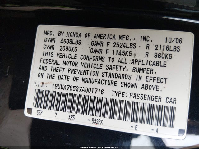 Продажа на аукционе авто 2007 Acura Tl Type S, vin: 19UUA76527A001716, номер лота: 45791168