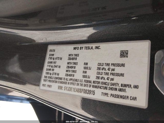 2025 Tesla Model 3 Long Range Rear-wheel Drive/standard Rear-wheel Drive მანქანა იყიდება აუქციონზე, vin: 5YJ3E1EA8SF083915, აუქციონის ნომერი: 45791181