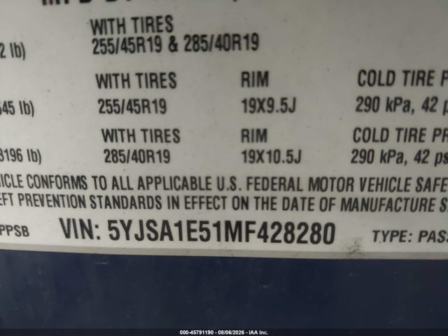 45791190 :رقم المزاد ، 5YJSA1E51MF428280 vin ، 2021 Tesla Model S Long Range Dual Motor All-wheel Drive مزاد بيع