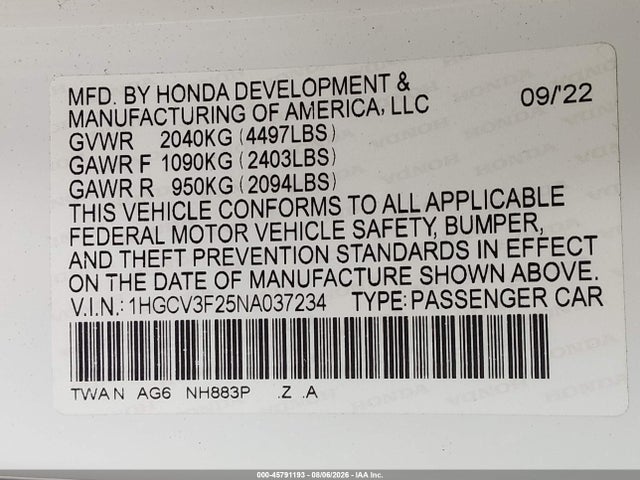 1HGCV3F25NA037234 Honda Accord Hybrid Sport