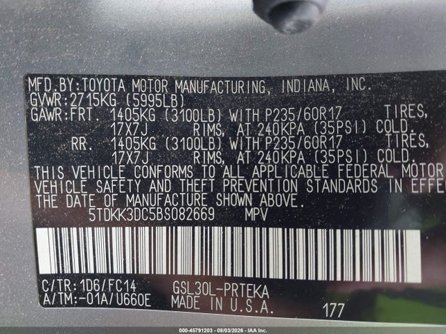 Auction sale of the 2011 Toyota Sienna Le V6, vin: 5TDKK3DC5BS082669, lot number: 45791203