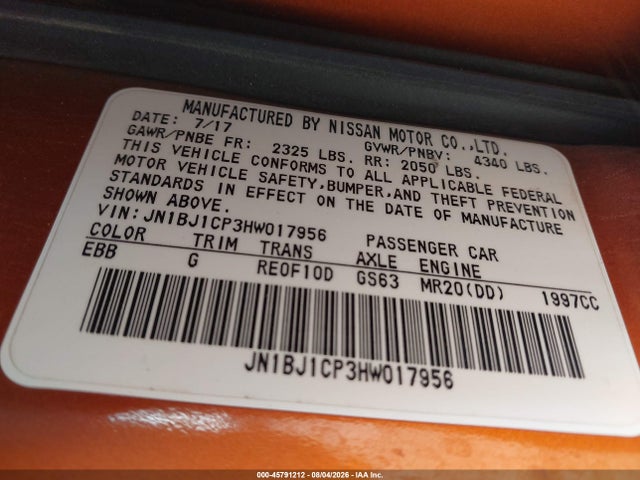 Aukcja sprzedaży 2017 Nissan Rogue Sport Sv, vin: JN1BJ1CP3HW017956, numer aukcji: 45791212