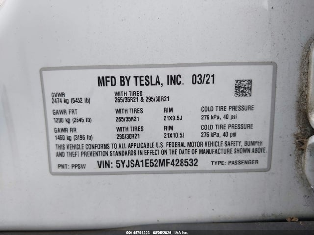 Продажа на аукционе авто 2021 Tesla Model S Long Range Dual Motor All-wheel Drive, vin: 5YJSA1E52MF428532, номер лота: 45791223